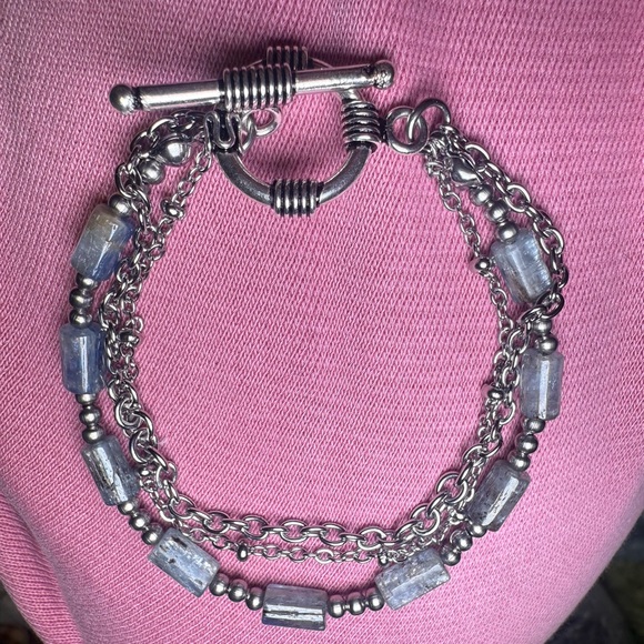 Calm #3 - Kyanite Triple Layered Toggle Bracelet Stainless Steel - Picture 4 of 6